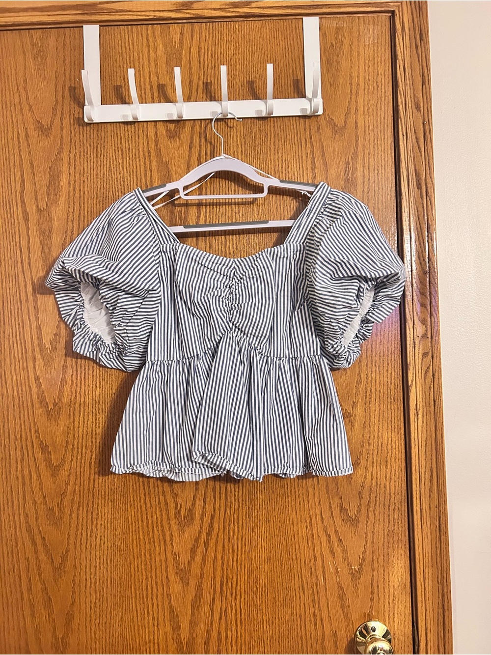 Old Navy Blue and White Striped Puff-Sleeve Peplum Blouse